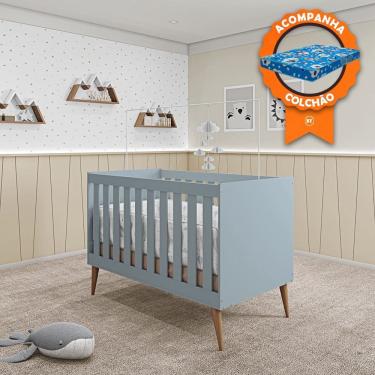Imagem de Berço Mini Cama Móveis Estrela Ternura - Azul Wood + Colchão Baby Physical Ortobom