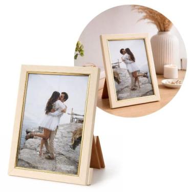 Imagem de Porta Retrato 15x21 Madeira Bege Fosca com Dourado Luxo Friso Interno 