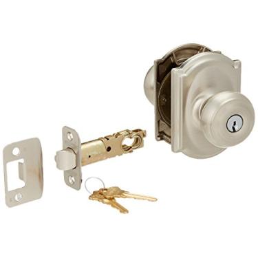 Imagem de Schlage Lock Company F51AGEO619CAM F51A Georgian 619 CAM Camelot Deco Rose Fechadura de porta de entrada níquel acetinado
