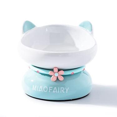 Imagem de Tigela para gato, tigela elevada inclinada de cerâmica para gatos elevada para comida e água com suporte, tigela de cabeça grande de alta capacidade, segura para lava-louças e micro-ondas, sem chumbo cádmio para gatos e cães pequenos (azul)