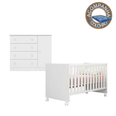 Imagem de Kit Berço 1344 Com Rodízios Com Colchão Baby Physical e Cômoda 2561 Linha Doce Sonho Qmovi Ortobom