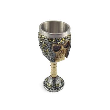 Imagem de Taça Cálice Em Aço Inox e Resina Crânio Medieval Caveira Guerreiro Osso Rock Colecionável Coquetel Cerveja Decorativo
