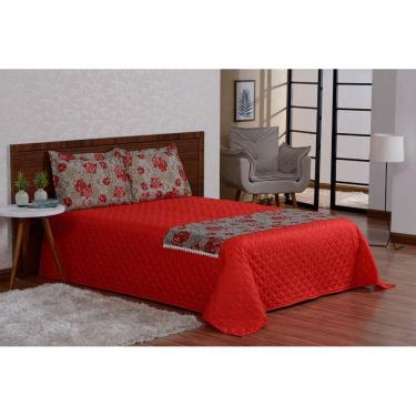 Imagem de Kit Colcha Cobre Leito Valencia Casal Vermelho Com Xale