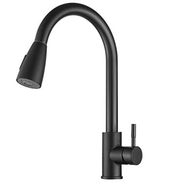 Imagem de Torneira de cozinha de níquel escovado de furo único bico de puxar para fora torneira misturadora de pia de cozinha cabeça de pulverizador de fluxo cromado/preto torneira misturadora, preto