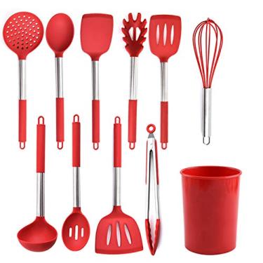 Imagem de Kiboule Conjunto de utensílios de cozinha, utensílios de cozinha de silicone resistentes ao calor com suporte, 11 peças de utensílios de cozinha antiaderentes