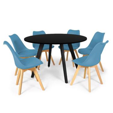 Imagem de Conjunto Mesa de Jantar Redonda Amanda Preta 120cm com 6 Cadeiras Eiffel Leda - Turquesa