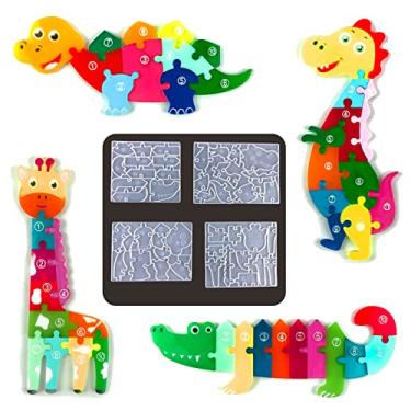 Imagem de MIMIRACLE Molde de resina de quebra-cabeça de animal 4 peças moldes de silicone epóxi DIY quebra-cabeça dinossauro crocodilo girafa