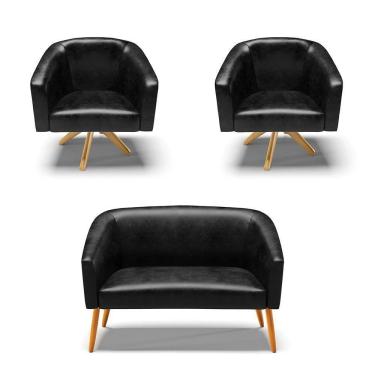 Imagem de Kit 1 Namoradeira E 2 Poltronas Preto Base Madeira