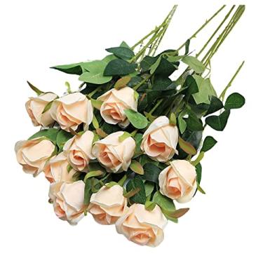 Imagem de 12 peças flores artificiais falsas rosa toque real arranjo de flores falsas falso buquê de rosas flores artificiais galhos de árvore hastes jardim varanda caixa de janela casa casamento decoração de fazenda