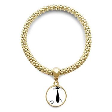 Imagem de DIYthinker Pulseira dourada de Halloween com pingente redondo para amantes de gatos pretos com desenho de animal
