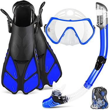 Imagem de ZEEPORTE Conjunto de snorkel de barbatana com equipamento de mergulho para adultos, máscara de mergulho panorâmica, nadadeira de trek, snorkel seco + bolsas de viagem, snorkel para natação de colo