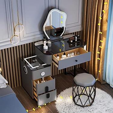 Imagem de Escrivaninha Com Espelho Iluminado De 3 Cores, Penteadeira Com Estação De Carregamento Sem Fio E Alto-falante Bluetooth, 5 Gavetas, Mesa De Cabeceira Móvel, Penteadeira Com Banco Para Mulheres E M