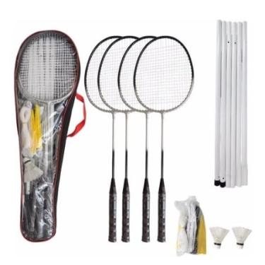 Imagem de Kit Badminton Pro 4 Raquetes 2 Petecas C/Rede E Suporte