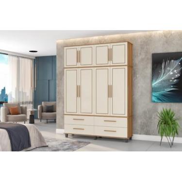 Imagem de Roupeiro/Guarda Roupas HOU Triplex 4 Portas + 4 Gavetas Pés Elevados e Maleiro Amplo Cor Nature/Off White