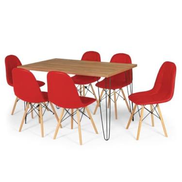 Imagem de Conjunto Mesa de Jantar Hairpin 130x80 Natural com 6 Cadeiras Eiffel Botonê - Vermelho