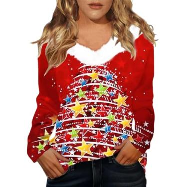 Imagem de Elogoog Camiseta feminina Merry Christmas Pullover Merry and Bright Off Shoulder Shirt Vintage Cute Christmas Tree Shirt, Azul claro, P