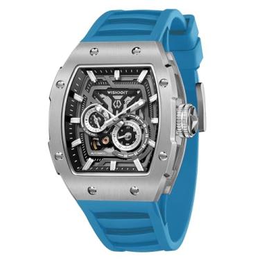 Imagem de Relógios de pulso masculinos mecânicos automáticos de aço inoxidável estilo esportivo à prova d'água safira cristal borracha intercambiável relógios de pulso, Caixa prateada pulseira azul claro