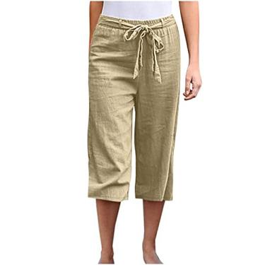 Imagem de Calça feminina de linho de algodão cintura alta calça de perna larga leve com cordão elástico calças de verão plus size, Caqui, 3G