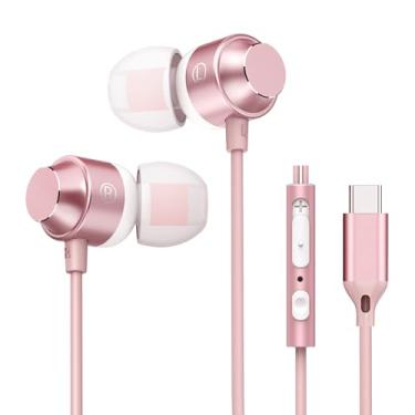 Imagem de Fones de ouvido USB C ouro rosa, fones de ouvido tipo C com fio, fones de ouvido estéreo rosa graves com microfone e controle de volume compatíveis com smartphones iPhone 15 Samsung Google Pixel