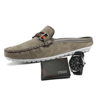 Imagem de Mocassim Mule Masculino Em Camurça Cinza LA FAIRE Com Carteira Slim TUMS e Relógio-Masculino