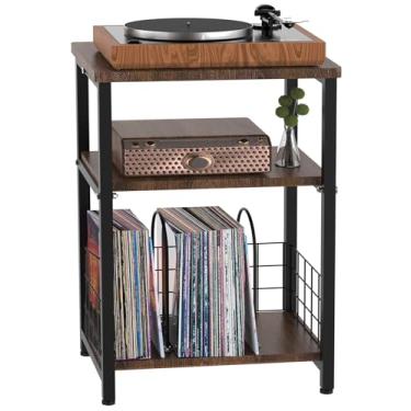 Imagem de Tuohours Suporte para toca-discos, mesa lateral de 3 níveis com cesta de armazenamento de discos de vinil, mesa giratória de até 100 álbuns prateleira de disco expositor armário para sala de estar, quarto, escritório