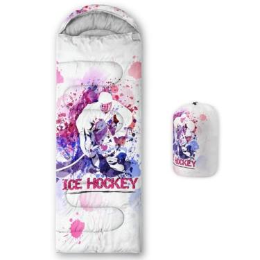 Imagem de QOOMO Sacos de dormir impressos para jogador de hóquei no gelo, 3 estações, clima quente e frio, leve, sacos de dormir à prova d'água para adultos e crianças, viagens e ao ar livre, equipamentos de