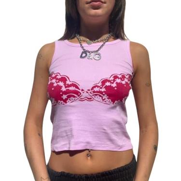 Imagem de Camiseta vintage Y2k com estampa de estrelas, sem mangas, canelada, sem mangas, gola redonda, estampa de estrelas, colete emagrecedor, rosa, M