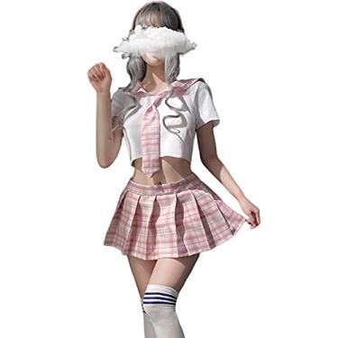 Imagem de SINGUYUN Uniforme Japonês Escolar Meninas Saia Plissada Anime Cosplay Lingerie JK Fantasia Sexy Com Meias (7039Branco Rosa)