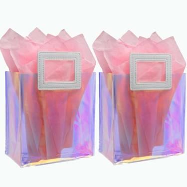 Imagem de Caleihd 2 peças de sacos de presente holográficos transparentes com papel de seda, 20 x 18 x 9,9 cm com alças, sacos de guloseimas, para Natal, festa de aniversário, sacos de presente de ervas