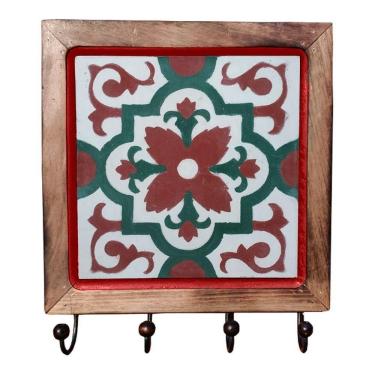 Imagem de Cabideiro Em Madeira Com Ladrilho Hidráulico Porta Chaves Roupas Bolsas Ladrilho A3