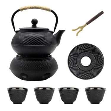 Imagem de YJX Conjunto de bule de chá de ferro fundido com aquecedor de ferro fundido, conjunto de chaleira japonesa Tetsubin com xícaras, bule de ferro fundido com infusor de aço inoxidável e interior