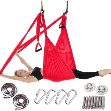 Imagem de Rede de pano de ioga aérea, balanço de ioga para antigravidade, toalha de ioga aérea, faixa de fitness para ioga, arnês de ioga não elástico, corda de tração de ioga aérea, vermelho