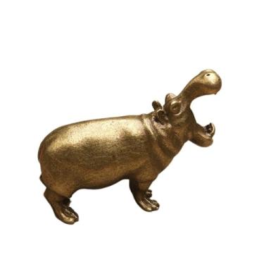 Imagem de Estatuetas de hipopótamos de simulação de latão, interessante animal hipopótamos de boca grande estátua em miniatura escultura ornamento de mesa bonsai para casa micro acessórios de decoração de