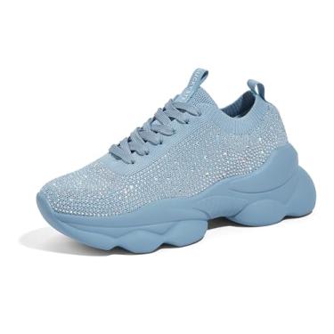 Imagem de LUCKY STEP Tênis feminino de strass grosso, brilhante, de malha deslumbrante, sem cadarço, elástico, com glitter, rave, Strass azul, 35