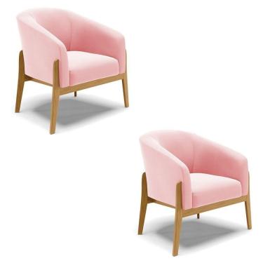 Imagem de Cadeira Sala De Jantar Base De Madeira Kit 2 Stella Suede D03 - D`rossi Cor Rosa Bebê