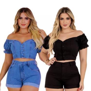 Imagem de Kit 2 Conjunto Feminino Cor Preto e Jeans Azul Cintura Alto Jeans Femi