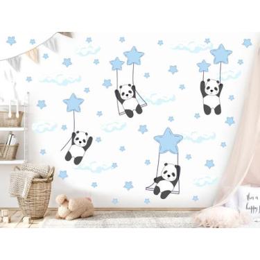 Imagem de adesivo de parede panda balanço estrelas azul bebê - adesivos kigrude