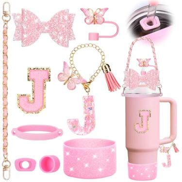 Imagem de Mity rain Conjunto de acessórios de copo rosa de 9 peças para copo Stanley Cup 850 g 1,134 g com alça - Inclui alça, decoração de arco de palha, topo de palha, bota, tampas à prova de derramamento,