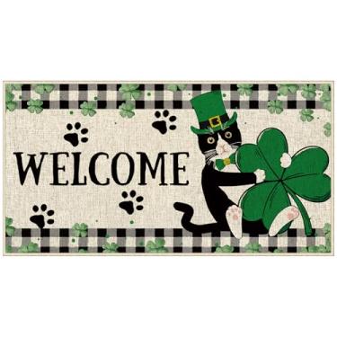 Imagem de Dlzdn Tapete de porta de gato para dia de São Patrício, trevos, trevos, smoking, capacho decorativo para férias, antiderrapante, borracha para entrada interna e externa, piso 43 x 76 cm