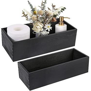 Imagem de LotFancy Caixa de decoração de banheiro, pacote com 2 suportes de papel higiênico de madeira, cesta de armazenamento de tanque de vaso sanitário preto, bandeja de vaso sanitário rústica de fazenda
