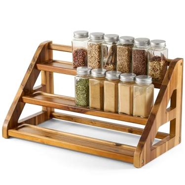 Imagem de Tinamo Porta-temperos de madeira de acácia para bancada – Bandeja de madeira comporta 24 potes organizador de temperos para prateleira de armazenamento – Organizador de 3 camadas para armário –