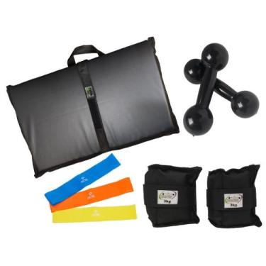 Imagem de Kit Tornozeleira 3KG Nylon Preto + Halteres 3KG Preto + Colchonete Dob