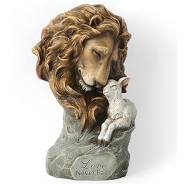 Imagem de BC Decoração de casa leão com estátua de cordeiro, amor nunca falha, presente devoto pintado à mão, 30 cm A, obra-prima de escultura renascentista clássica da Buildclassic