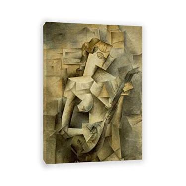 Imagem de 1910, Menina com bandolim por Picasso Impressão em tela arte de parede emoldurada famosa arte de parede Picasso pôsteres e reproduções de impressões - pinturas abstratas de Picasso - Imagens Picasso