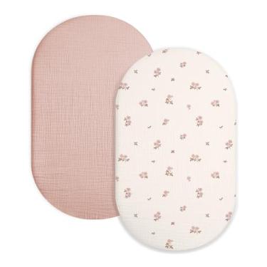 Imagem de Lençol de berço para bebês meninos e meninas, pacote com 2, lençol com elástico para retangular, oval, colchão de berço de ampulheta, cesta de musselina com estilo neutro (flor vintage e rosa)