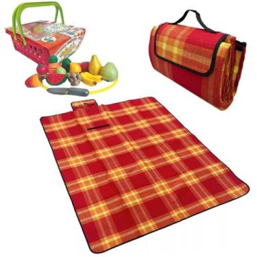 Imagem de Kit Brinquedo Feira Frutas Com Toalha Piquenique Impermeável - Têxtil 