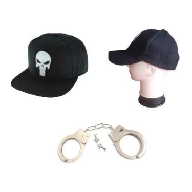Imagem de Kit Fantasia Do Justiceiro C/ Boné Bordado E Algemas Metal - CM Presen
