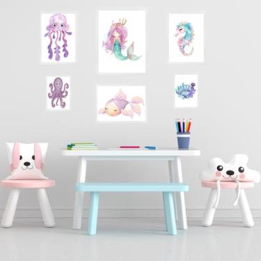 Imagem de Kit 6 Quadros Quarto Infantil Menina - Fundo Do Mar - com vidro - Quad