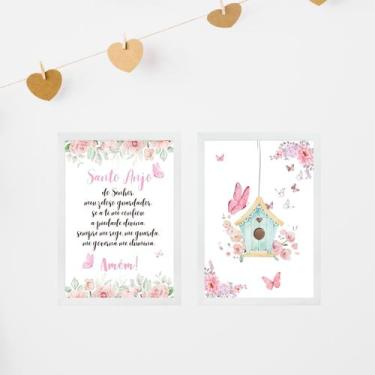 Imagem de Kit 2 Quadros Infantis Menina Santo Anjo - Borboletinhas 33x24cm - Qua