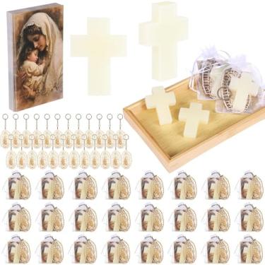 Imagem de 96 peças de lembrancinhas de batismo para convidados, sabonete cruzado com chaveiros cristãos, etiquetas de presente de agradecimento e sacos de organza, lembrancinhas de chá de bebê, lembrancinhas de